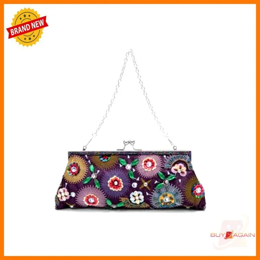 Vintage Floral Embroidered Sequined Evening Clutch Purse with Chain Strap